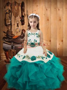 Best Teal Straps Neckline Embroidery and Ruffles Kids Formal Wear Sleeveless Lace Up