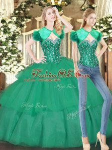 Floor Length Lace Up Sweet 16 Dress Turquoise for Military Ball and Sweet 16 and Quinceanera with Beading and Ruffled Layers