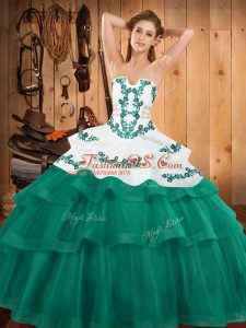 Discount Sleeveless Embroidery and Ruffled Layers Lace Up Sweet 16 Dress with Turquoise Sweep Train