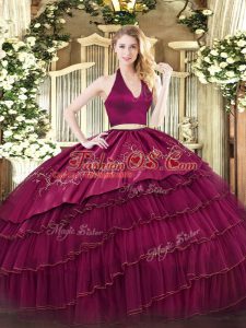 Burgundy Halter Top Zipper Embroidery and Ruffled Layers 15th Birthday Dress Sleeveless