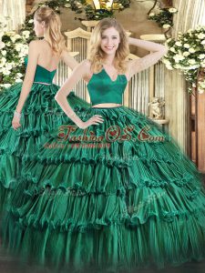 Gorgeous Halter Top Sleeveless Sweet 16 Quinceanera Dress Floor Length Ruffled Layers Dark Green Organza