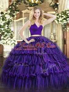 Shining Purple Zipper Halter Top Ruffled Layers Quinceanera Dresses Organza Sleeveless