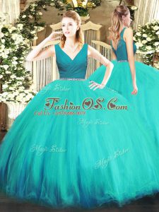 Customized Aqua Blue Zipper V-neck Beading Quince Ball Gowns Tulle Sleeveless