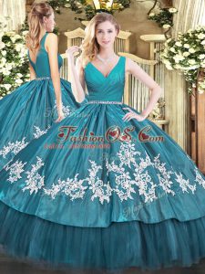 Teal Ball Gowns Beading and Appliques Sweet 16 Quinceanera Dress Zipper Tulle Sleeveless Floor Length