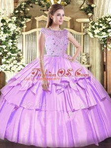 Luxury Floor Length Lavender Sweet 16 Quinceanera Dress Tulle Sleeveless Beading and Ruffled Layers