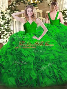 Pretty Sleeveless Fabric With Rolling Flowers Floor Length Zipper Quinceanera Gown in Green with Ruffles