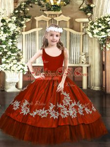 Most Popular Wine Red Taffeta Zipper Pageant Dresses Sleeveless Floor Length Beading and Appliques