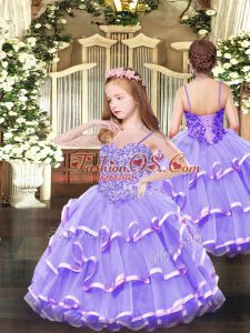 Floor Length Lace Up Little Girl Pageant Gowns Lavender for Party and Quinceanera with Appliques and Ruffled Layers