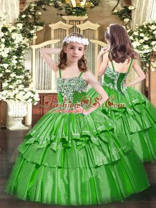 Green Sleeveless Floor Length Appliques and Ruffled Layers Lace Up Little Girl Pageant Gowns