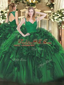 Dark Green Ball Gowns V-neck Sleeveless Organza Floor Length Backless Beading and Lace and Ruffles Quinceanera Gowns