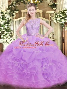 Fine Sleeveless Floor Length Lace and Ruffles Backless Quinceanera Dresses with Lilac