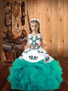 Elegant Straps Sleeveless Pageant Gowns Floor Length Embroidery and Ruffles Aqua Blue Organza