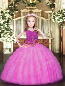 Rose Pink Ball Gowns Organza Scoop Sleeveless Beading and Ruffles Floor Length Zipper Pageant Dress for Teens