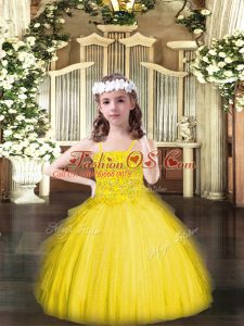 Customized Yellow Tulle Lace Up Spaghetti Straps Sleeveless Floor Length Pageant Dress Beading and Ruffles