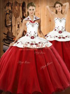 Classical Embroidery Quinceanera Dress Wine Red Lace Up Sleeveless Floor Length