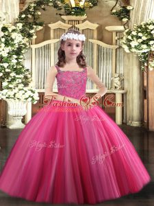 Hot Pink Sleeveless Beading Floor Length Pageant Dress