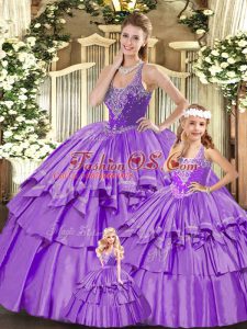 Cheap Sleeveless Floor Length Beading and Ruffled Layers Lace Up Quinceanera Dress with Lilac