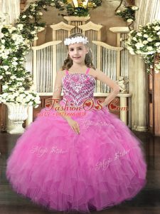 Straps Sleeveless Lace Up Little Girls Pageant Dress Rose Pink Organza