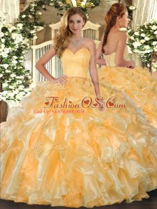 Floor Length Gold Quinceanera Gowns Organza Sleeveless Beading and Ruffles