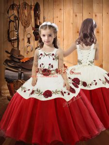 Straps Sleeveless Little Girls Pageant Dress Floor Length Embroidery Red Organza