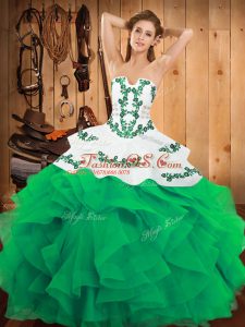 Sleeveless Floor Length Embroidery and Ruffles Lace Up Sweet 16 Dress with Green