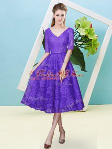 Inexpensive Purple Half Sleeves Lace Lace Up Bridesmaid Dress for Prom and Party and Wedding Party
