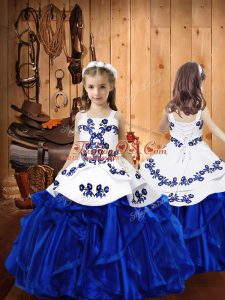 Latest Royal Blue Ball Gowns Embroidery and Ruffles Kids Formal Wear Lace Up Organza Sleeveless Floor Length