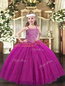 Fuchsia Ball Gowns Beading Pageant Dress for Teens Lace Up Tulle Sleeveless Floor Length