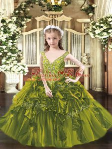 Fancy Olive Green Pageant Gowns For Girls Party and Quinceanera with Beading and Ruffles V-neck Sleeveless Lace Up