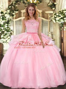 Edgy Sleeveless Organza Floor Length Clasp Handle Ball Gown Prom Dress in Pink with Lace