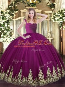 Fuchsia Ball Gowns Straps Sleeveless Tulle Floor Length Zipper Lace and Appliques Quinceanera Gowns