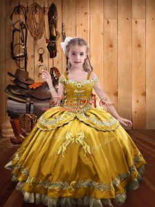 Floor Length Lace Up Child Pageant Dress Gold for Sweet 16 and Quinceanera with Beading and Embroidery