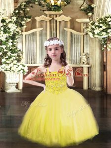 Customized Spaghetti Straps Sleeveless Tulle Child Pageant Dress Beading Lace Up
