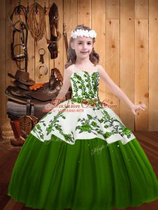 Unique Floor Length Green Kids Pageant Dress Tulle Sleeveless Embroidery
