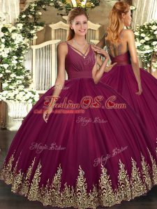 Hot Selling Ball Gowns Sweet 16 Quinceanera Dress Burgundy V-neck Tulle Sleeveless Floor Length Backless