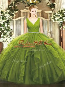 Ball Gowns 15th Birthday Dress Olive Green V-neck Tulle Sleeveless Floor Length Zipper