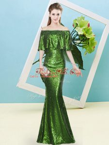 Half Sleeves Floor Length Sequins Zipper Prom Gown with Green