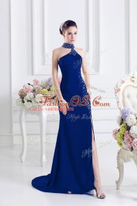 Royal Blue Column/Sheath Halter Top Sleeveless Elastic Woven Satin Sweep Train Lace Up Beading Prom Dresses