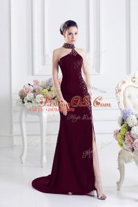 Custom Made Sleeveless Elastic Woven Satin Sweep Train Lace Up Dress for Prom in Burgundy with Beading