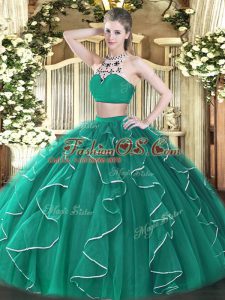 Gorgeous Turquoise Sleeveless Beading and Ruffles Floor Length Quinceanera Gown