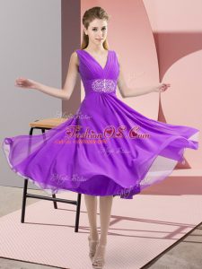 Comfortable Purple Bridesmaids Dress Prom and Party and Wedding Party with Beading V-neck Sleeveless Side Zipper