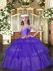 Straps Sleeveless Organza Little Girls Pageant Dress Beading and Ruffled Layers Lace Up