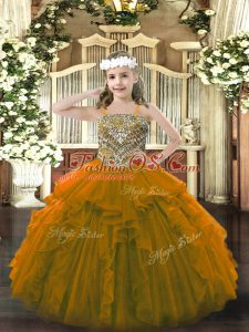 Straps Sleeveless Organza Pageant Dress for Girls Beading and Ruffles Lace Up
