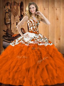 Admirable Rust Red Ball Gowns Embroidery and Ruffles Quince Ball Gowns Lace Up Satin and Organza Sleeveless Floor Length