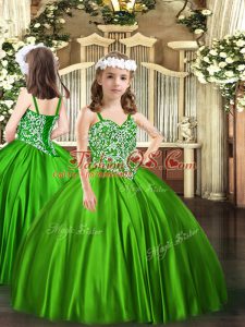 Green Ball Gowns Satin Straps Sleeveless Beading Floor Length Lace Up Pageant Gowns For Girls