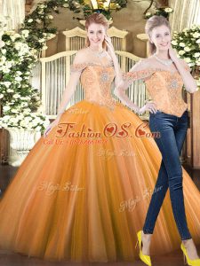 Sleeveless Tulle Floor Length Lace Up 15th Birthday Dress in Orange Red with Beading