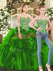 Perfect Sweetheart Sleeveless 15th Birthday Dress Floor Length Beading and Ruffles Dark Green Tulle