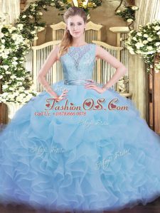Classical Ball Gowns Sweet 16 Dress Aqua Blue Scoop Organza Sleeveless Floor Length Backless