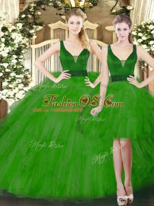 Green Tulle Lace Up Ball Gown Prom Dress Sleeveless Floor Length Beading and Ruffles