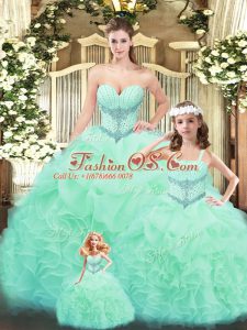 Glittering Floor Length Lace Up Quinceanera Dress Aqua Blue for Military Ball and Sweet 16 and Quinceanera with Beading and Ruffles